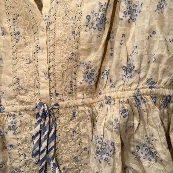 American Eagle Size S Blue and Cream Floral and Striped Peplum-Style Top - Picture 2 of 5